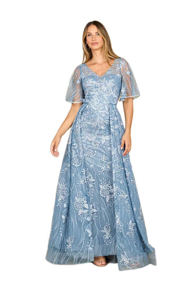 LARA New York Overskirt Lace Fitted V-Neck Gown with Cape Sleeves, Main, color, Blue