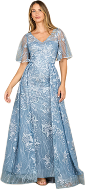 LARA New York Overskirt Lace Fitted V-Neck Gown with Cape Sleeves