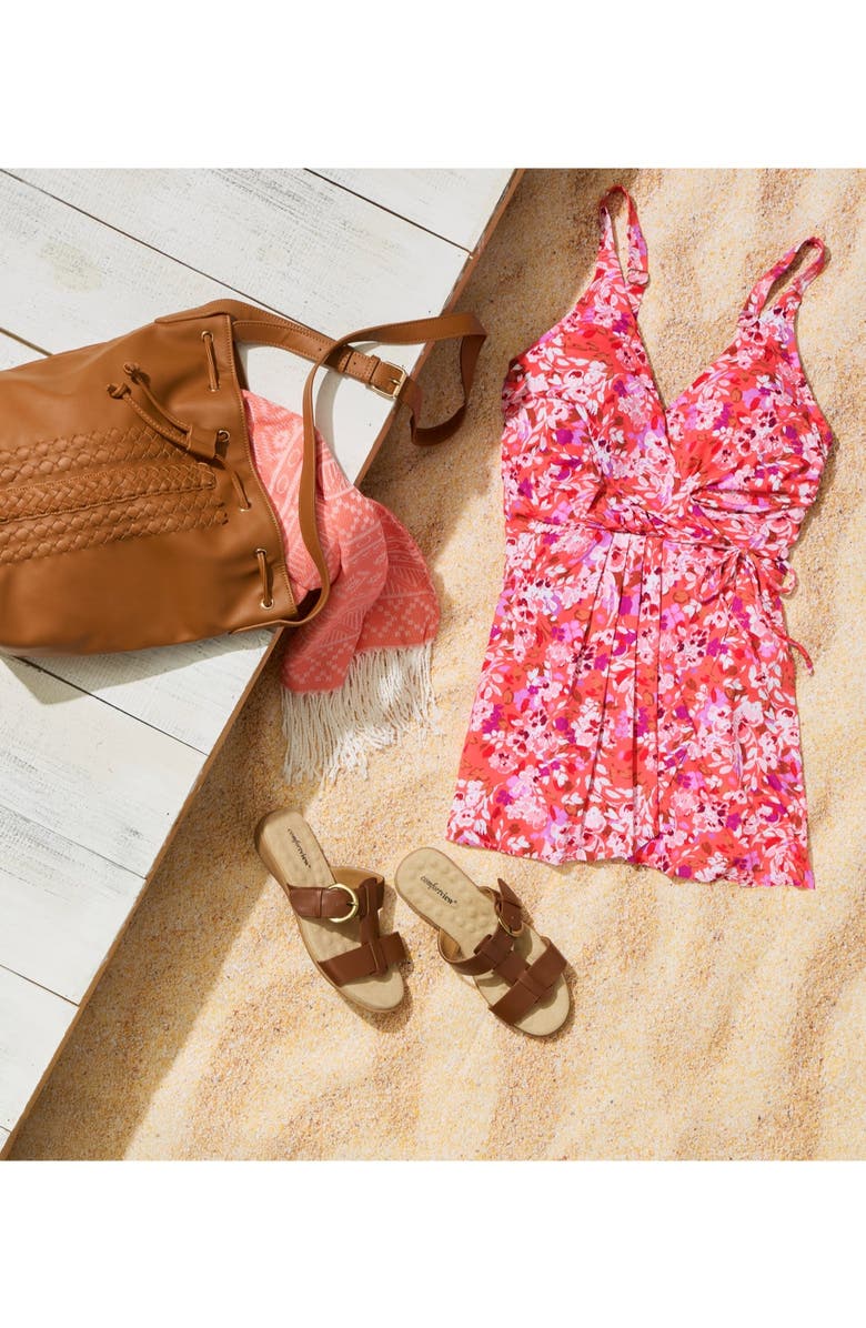 Swimsuits for All Lightweight Faux Wrap Petal-Hem Swimdress, Alternate, color, Coral Blooms