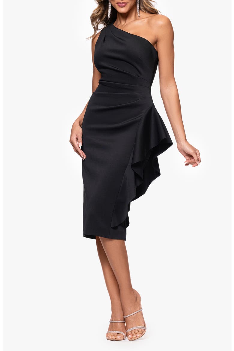 Gathered One-Shoulder Cocktail Dress, Alternate, color, BLACK