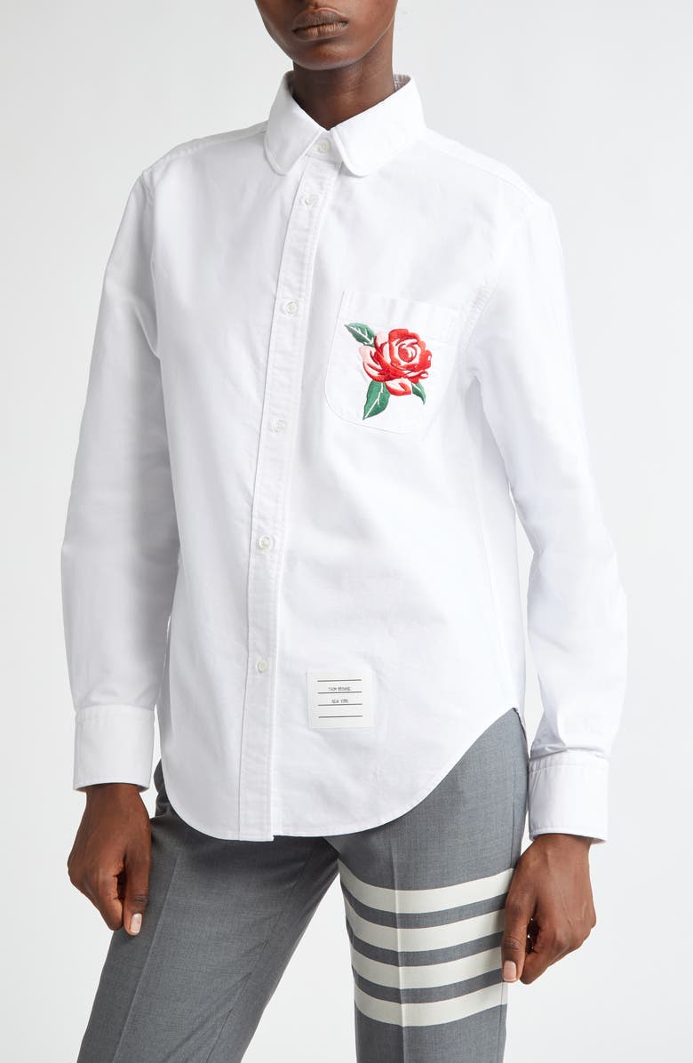 Thom Browne Rose Embroidered Button-Up Shirt, Alternate, color, 
