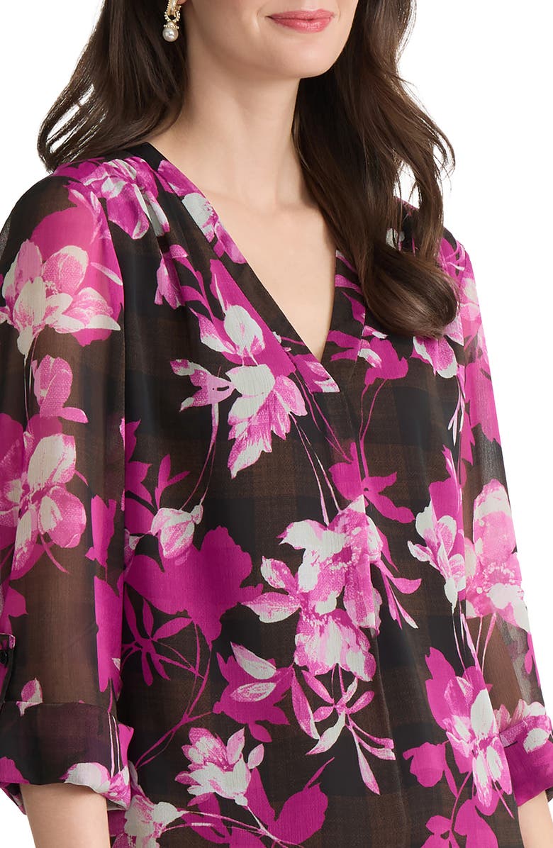Jones New York Floral Print V-Neck Tunic, Alternate, color, Fudge Multi