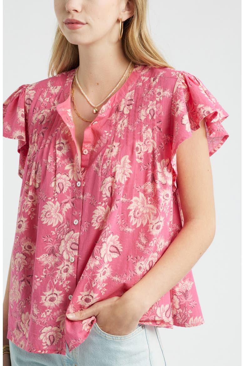 Floral Cotton Pintuck Flutter Sleeve Top, Alternate, color, PINK COTTAGE FORAL STRIPE