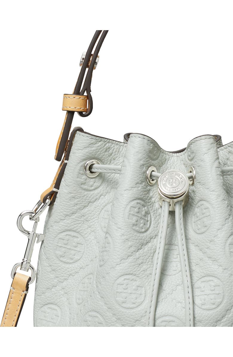 Tory Burch Mini T Monogram Pebble Leather Bucket Bag, Alternate, color, Light Titanium