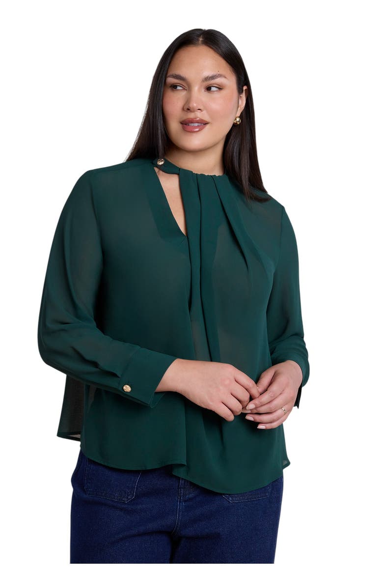 Chiffon Draped Placket Top, Main, color, DARK FOREST GREEN