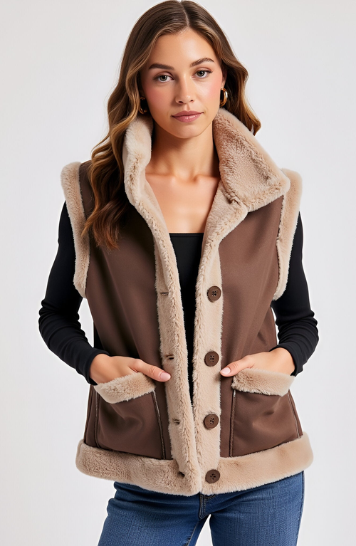Modenaire Faux Shearling Trim Vest In Brown