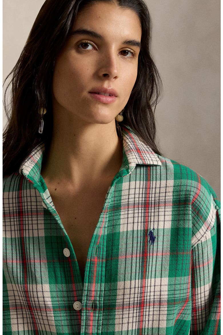 Relaxed Fit Plaid Shirt, Alternate, color, GREEN-CREAM MULTI