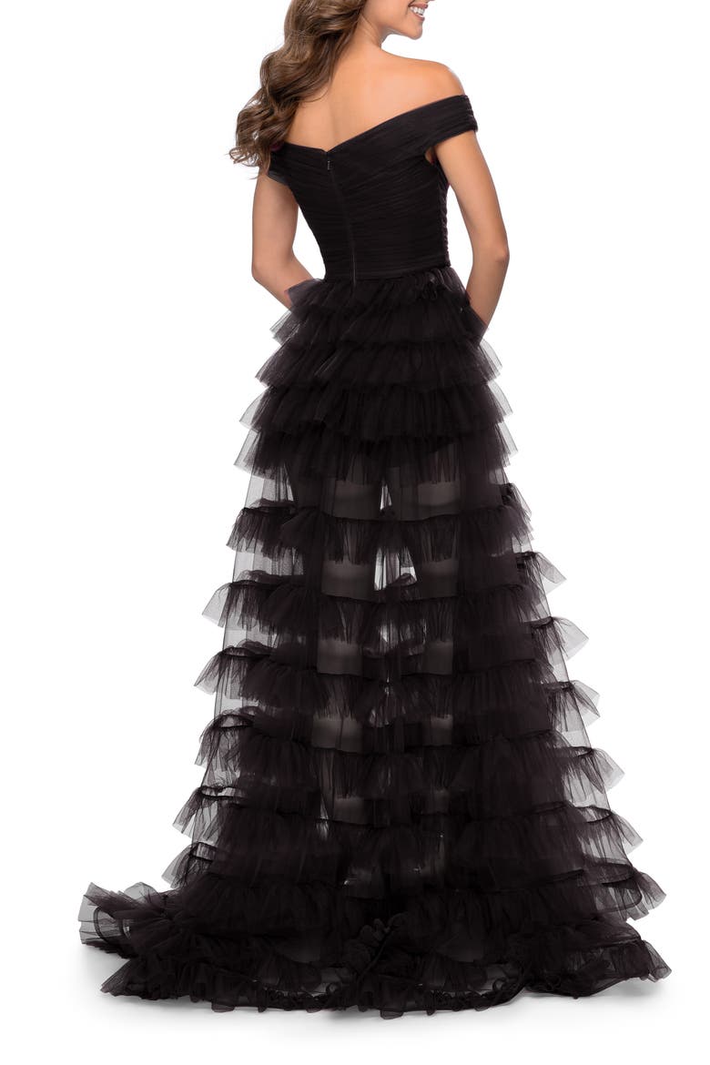 Off the Shoulder Sheer Tulle Ballgown, Alternate, color, BLACK