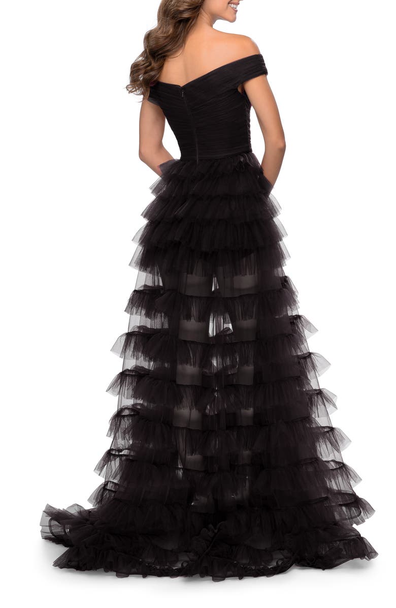 La Femme Off the Shoulder Sheer Tulle Ballgown, Alternate, color,