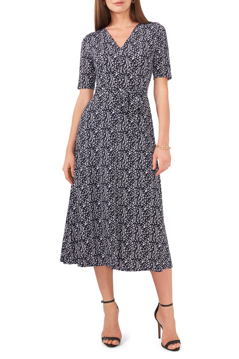 V-Neck Belted Midi Dress, Main, color, NAVY/WHITE