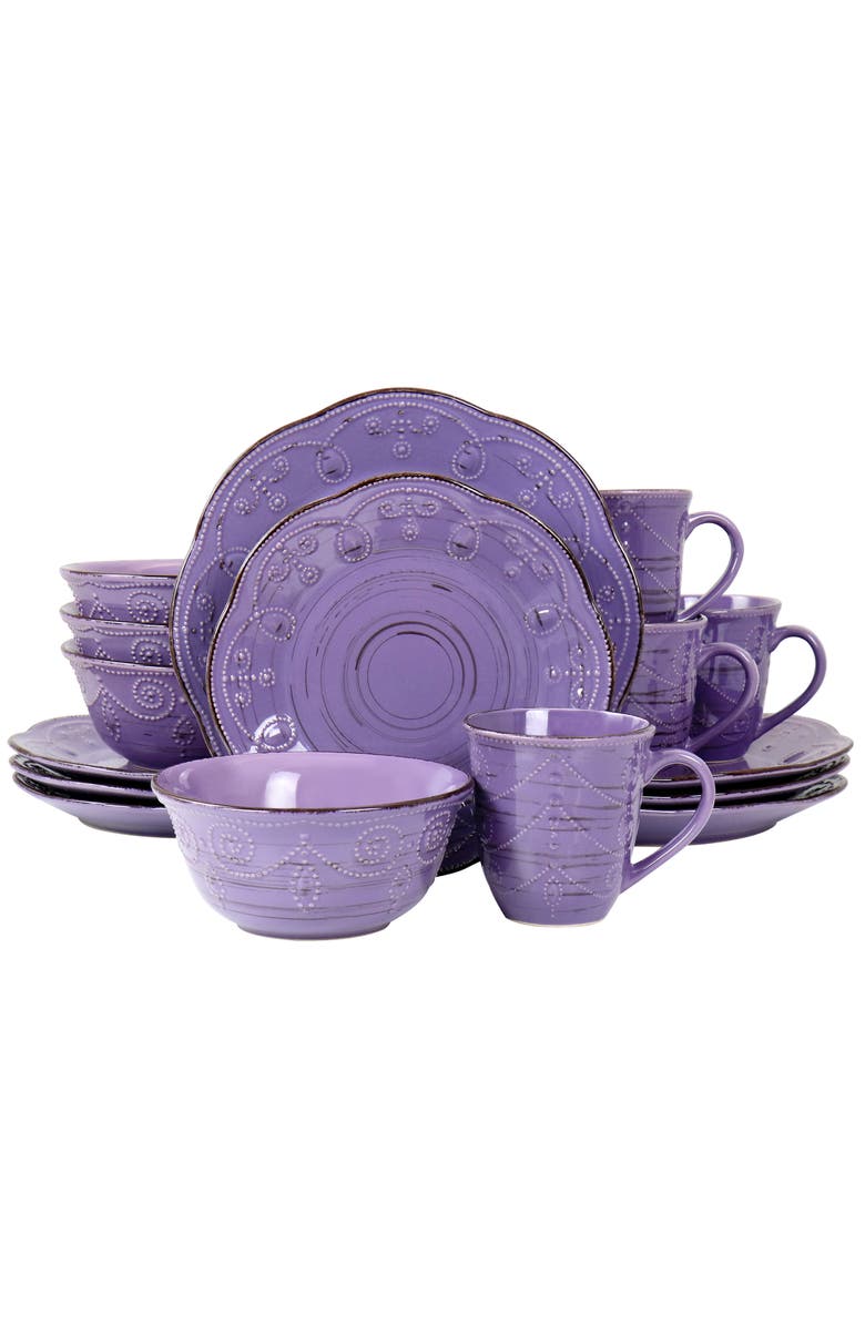 Elama Rustic Birch 16 Piece Stoneware Dinnerware Set, Main, color, Purple
