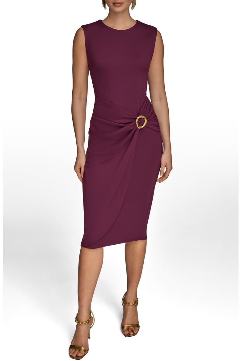 Side Buckle Detail Sheath Midi Dress, Main, color, PRUNE
