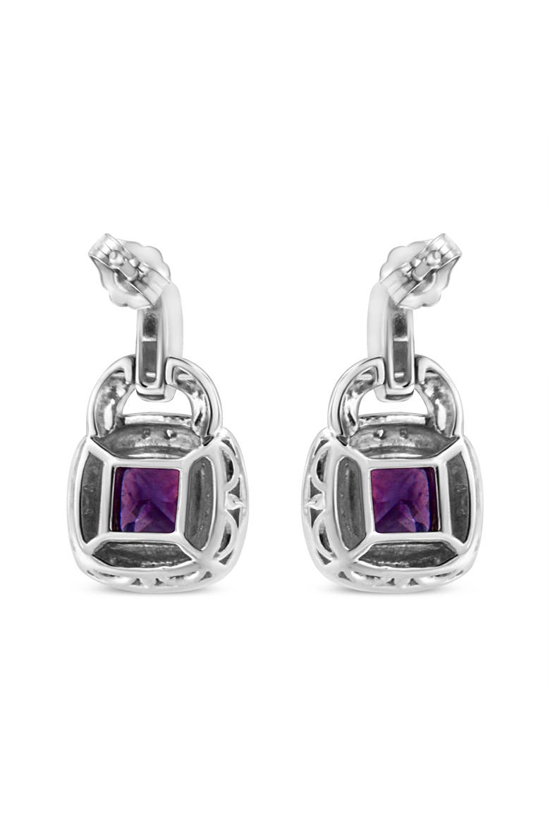 Silver 8MM Natural Cushion Shaped Amethyst Diamond Accent Halo Dangle Earrings, Alternate, color, White