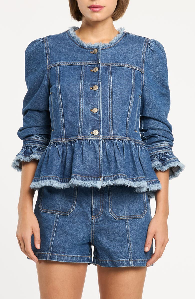 Cinq à Sept Frieda Peplum Detail Denim Jacket, Main, color, Tide