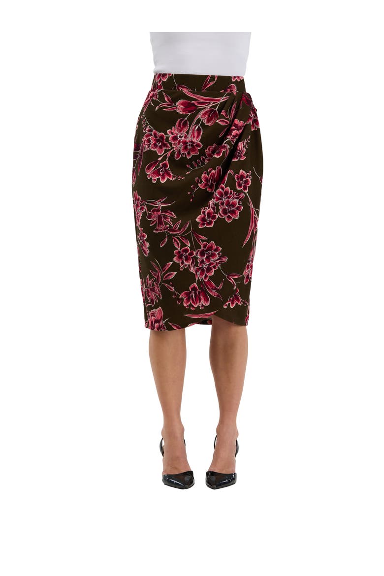 Elevate Womens Elastic High Waist Knee Length Pencil Skirt, Main, color, Brown Multi