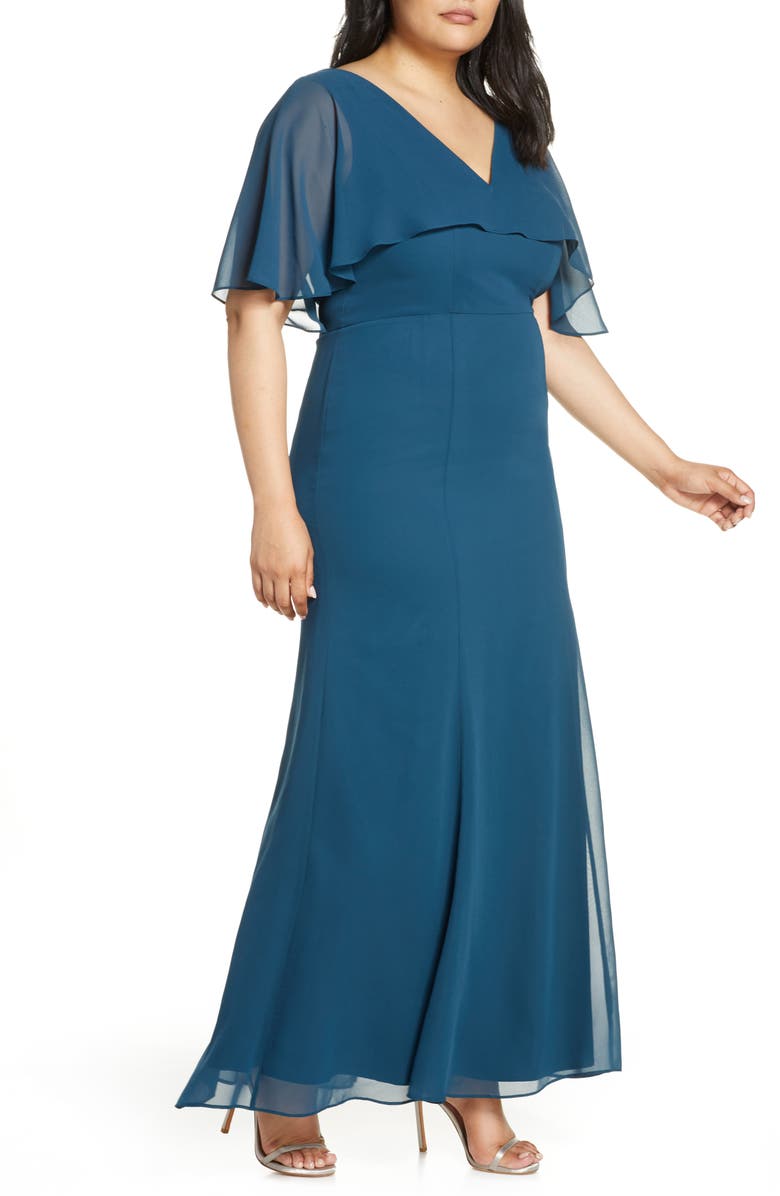 Chi Chi London Curve Kelley Chiffon Capelet Gown, Alternate, color, 