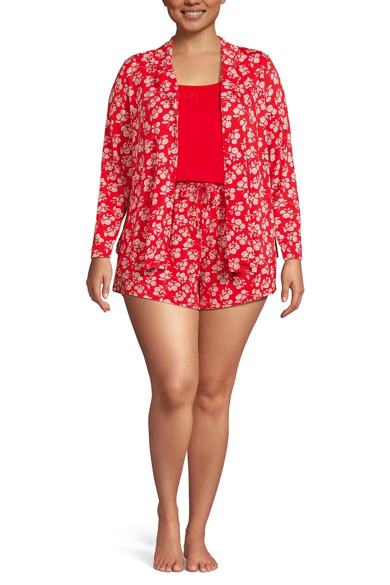Plus Size Cooling 3 Piece Pajama Set - Long Sleeve Top Cami and Shorts, Main, color, Coral Red Blooms