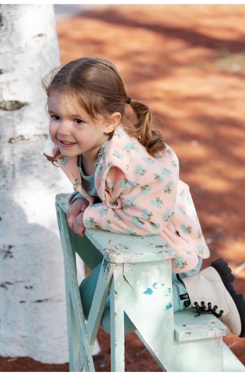 Deux par Deux Little Girl's Printed Polar Fleece Shirt Peach With Blue Flowers, Alternate, color, Printed Flowers