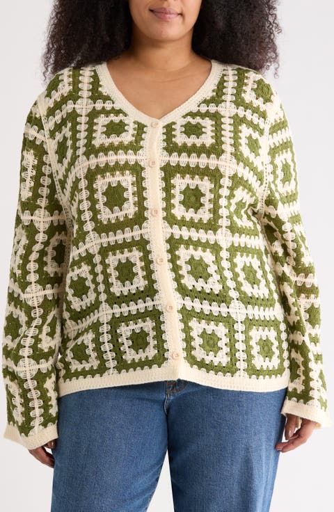 Crochet Square Open Knit Cardigan (Plus)