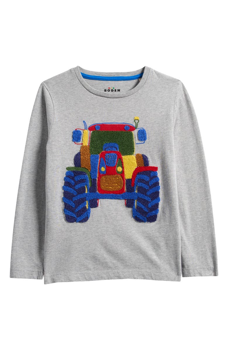 Mini Boden Kids' Long Sleeve Bouclé Cotton Graphic T-Shirt, Main, color, Grey Marl Tractor