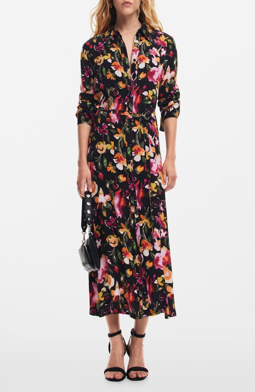 Desigual Floral Long Sleeve Maxi Shirtdress in Red Black Multi 