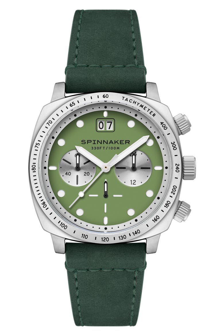Hull Chronograph Leather Strap Watch, 42mm, Main, color, GREEN