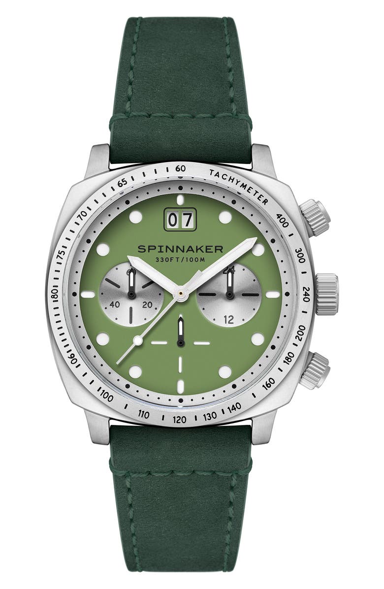 SPINNAKER Hull Chronograph Leather Strap Watch, 42mm, Main, color, Green
