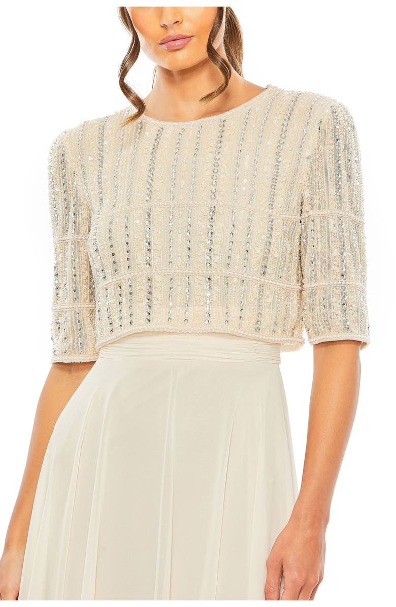 Mac Duggal Fully Beaded 3/4 Sleeves Top Chiffon Gown, Alternate, color, Nude