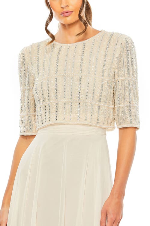 Mac Duggal Chiffon Gown With Fully Beaded 3/4 Sleeve Top In Nude