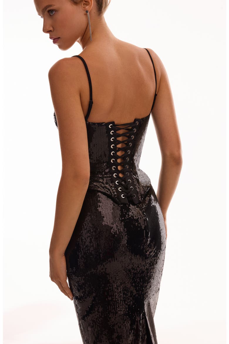 Fitted Hourglass Spaghetti Strap Sequined Corset for Cocktail Events, Alternate, color, Black