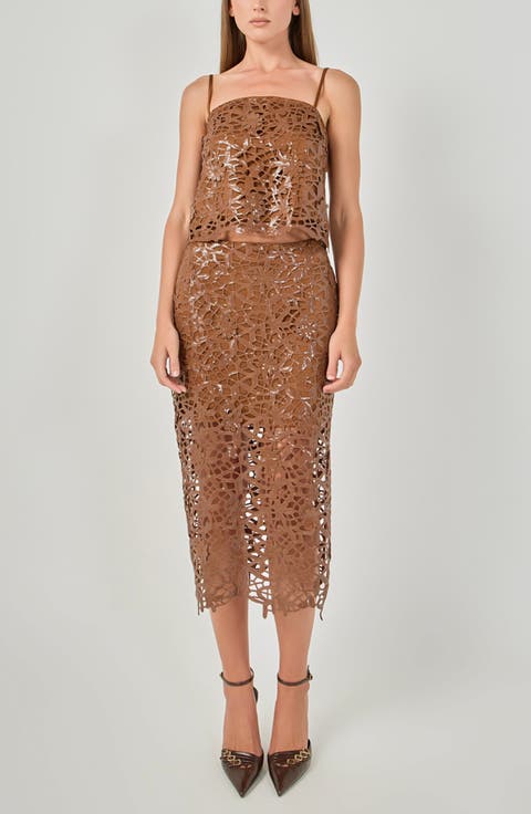 Sequin Floral Lace Midi Skirt