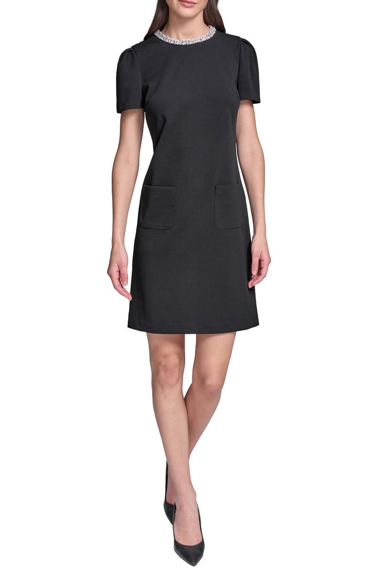 Pearl Collar Scuba Crepe Sheath Dress, Main, color, BLACK