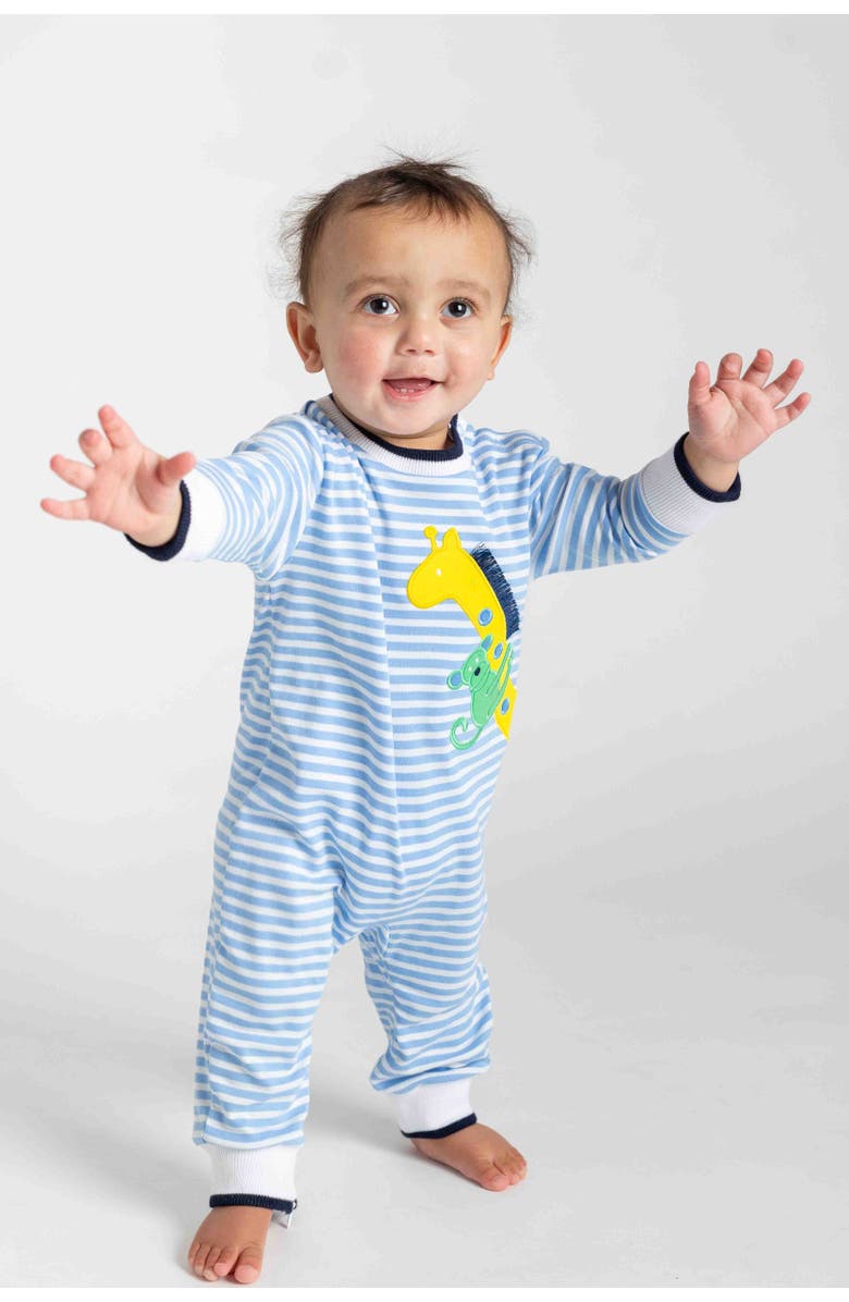 Florence Eiseman Stripe Knit Longall With Giraffe And Monkey, Alternate, color, Light Blue, White, Yellow