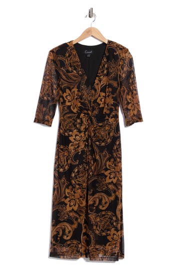 Connected Apparel Twist Front Mesh Midi Dress In Brown