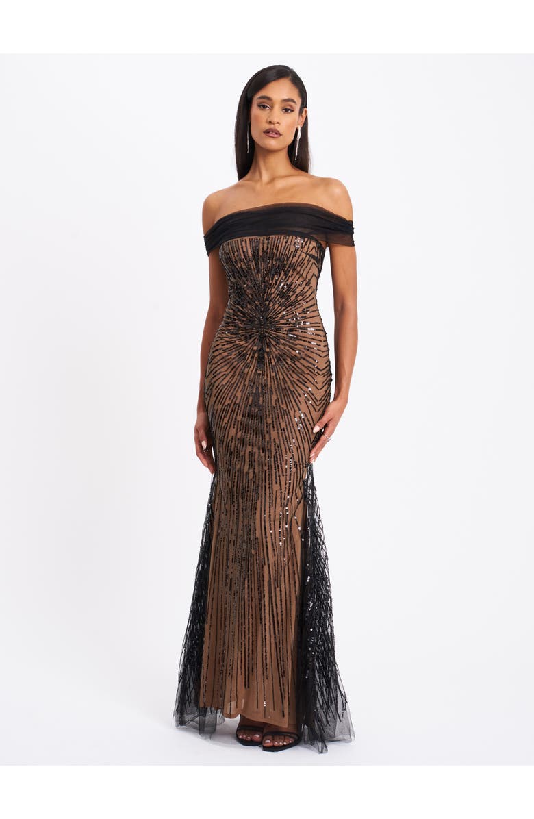 Miss Circle Qeturah Embroidered Sequin Off Shoulder Mesh Gown, Alternate, color, Black