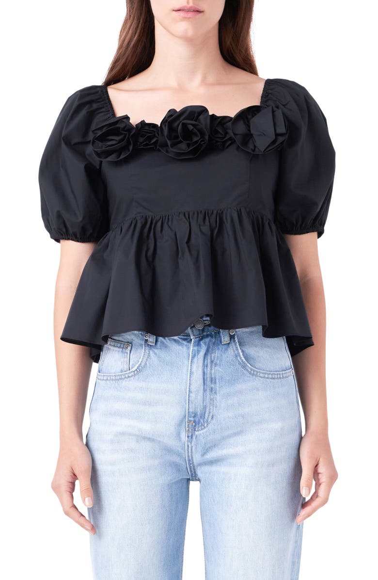 English Factory Corsage Detail Cotton Poplin Top, Main, color, Black