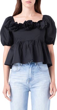 English Factory Corsage Detail Cotton Poplin Top