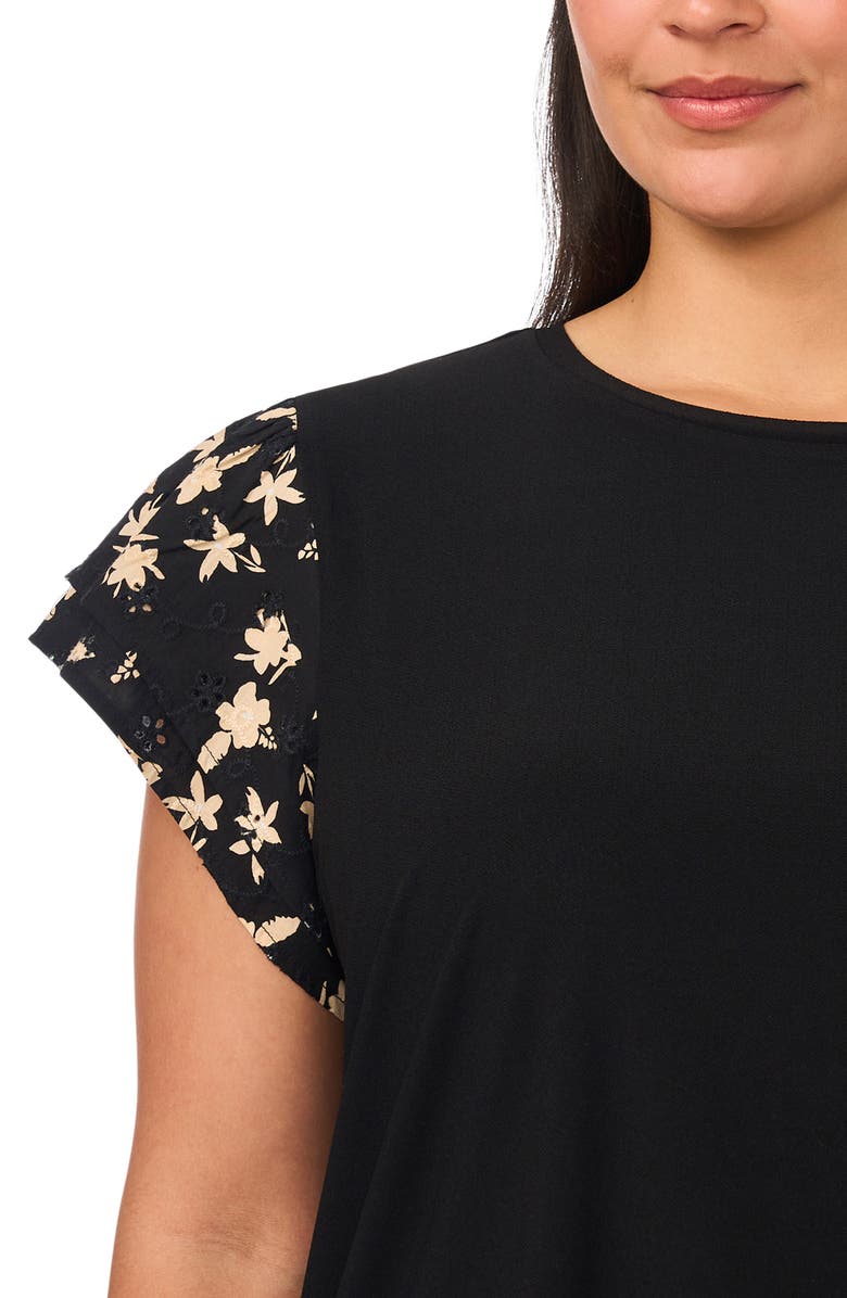 CeCe Eyelet Tiered Ruffle Sleeve Stretch Crepe Top, Alternate, color, Rich Black