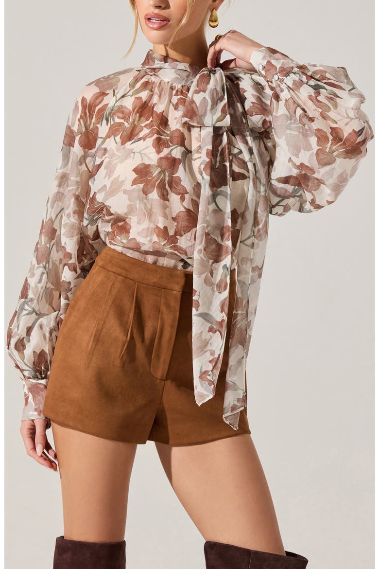 Cinthia Pussybow Balloon Sleeve Top, Alternate, color, BROWN WHITE FLORAL
