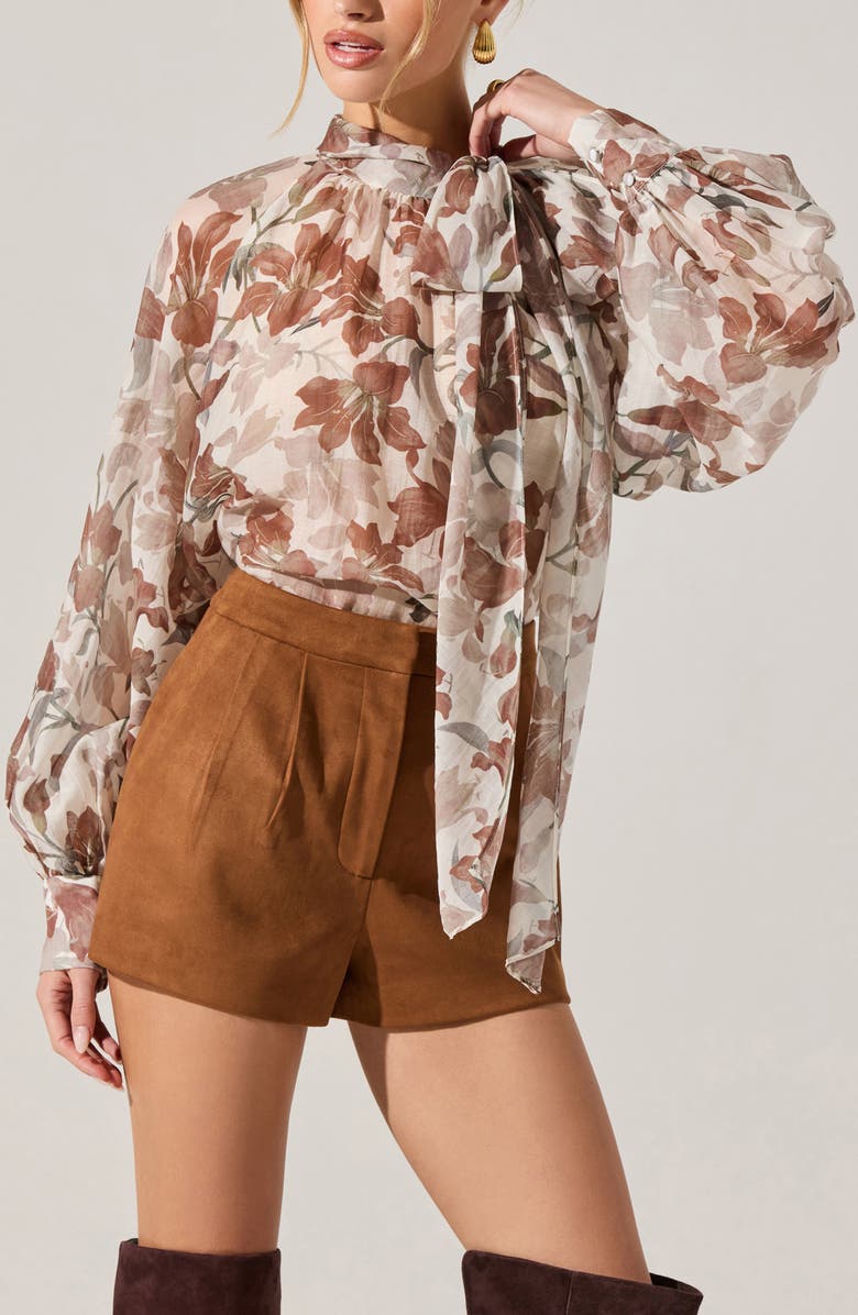 ASTR the Label Cinthia Pussybow Balloon Sleeve Top, Alternate, color, Brown White Floral