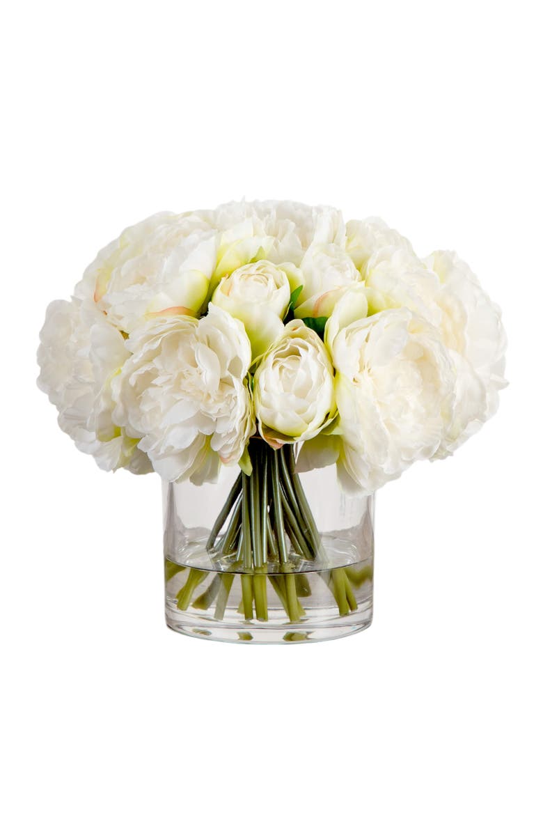 NEARLY NATURAL Wedding Collection 11-in Artificial Peony Arrangement in Glass Vase, Main, color, Green/White