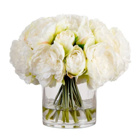 Wedding Collection 11-in Artificial Peony Arrangement in Glass Vase
