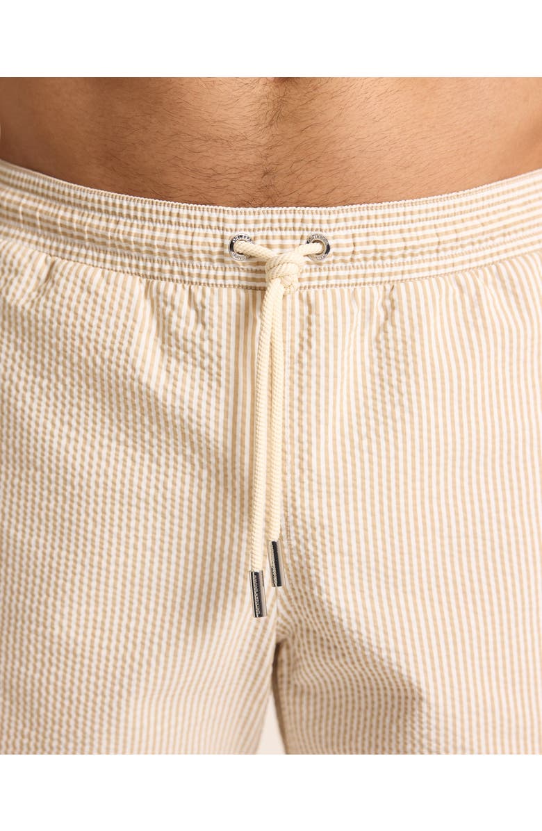 Orlebar Brown Boxer Seersuckeer Mid-Length Relaxed Fit Seersucker Stripe Drawcord Swim Shorts, Alternate, color, Walnut