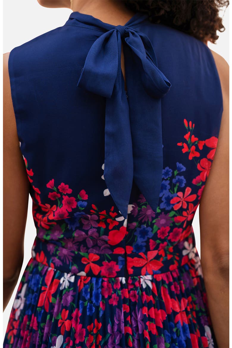 Printed Pleated Midi Dress, Alternate, color, Navy