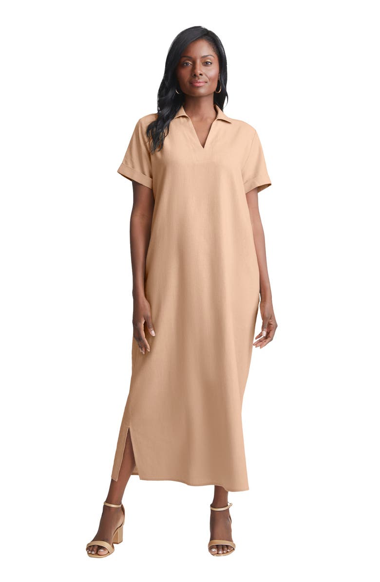 Jessica London Linen Short Sleeve Maxi Dress, Main, color, New Khaki