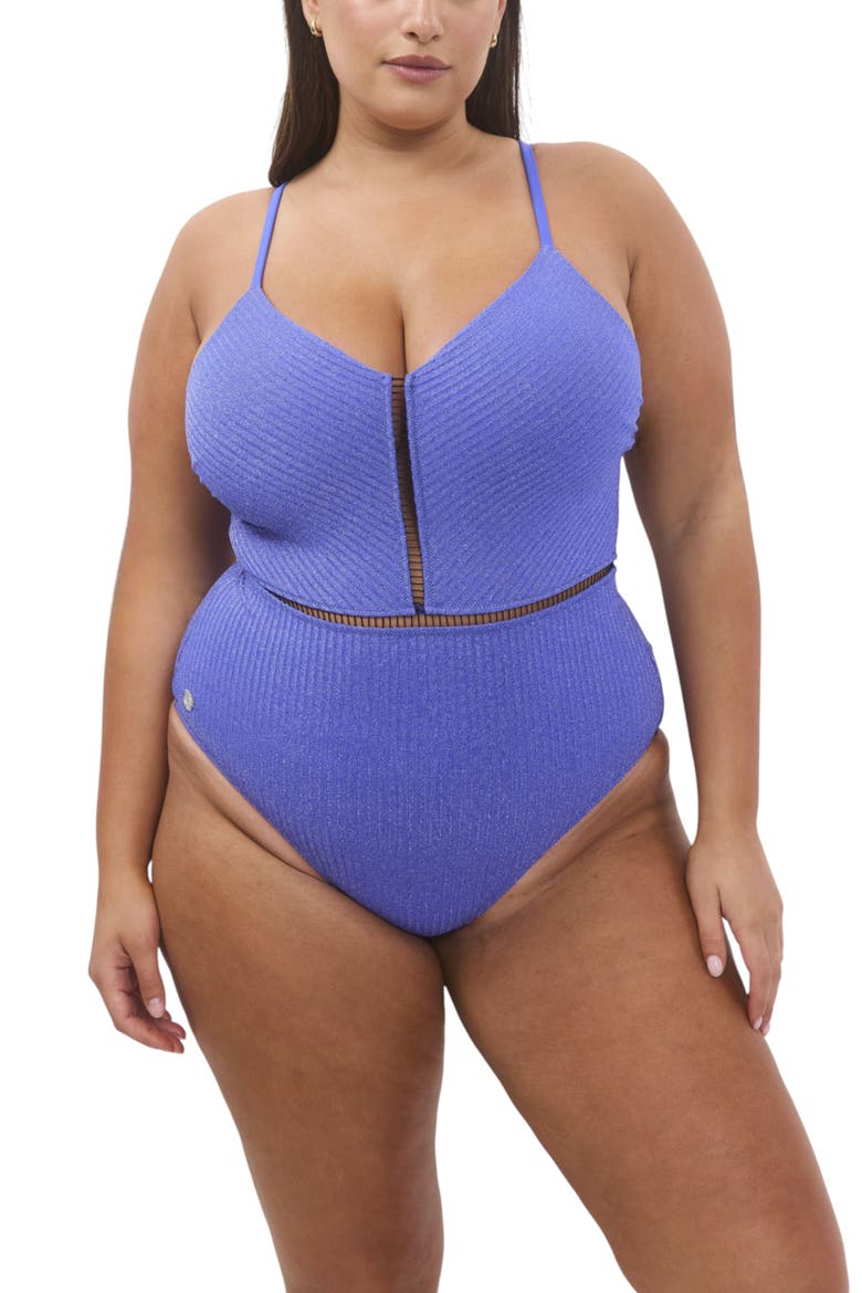Kim Rib Lurex Plus Size Onepiece Swimsuit, Main, color, Blue Rib Lurex