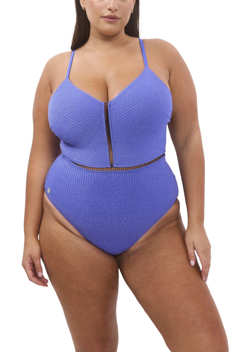 Biliblond Kim Rib Lurex Plus Size Onepiece Swimsuit, Main, color, Blue Rib Lurex