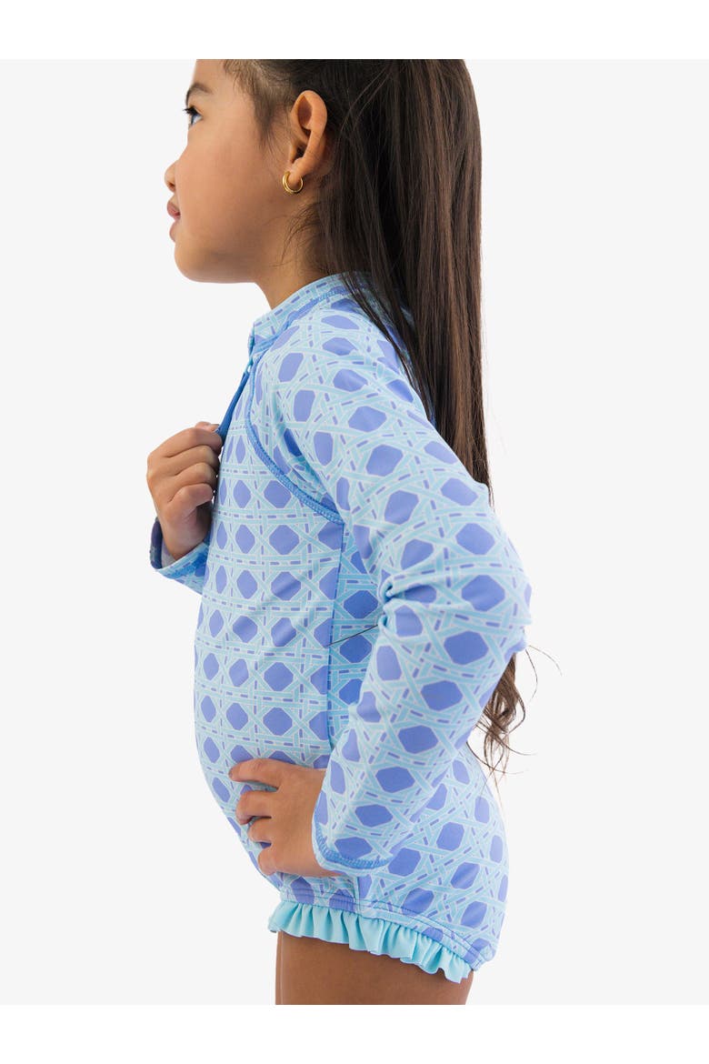 Girls UPF50+ Sun Protection Long Sleeve Rash Guard One Piece, Alternate, color, Periwinkle Blue Coastal Cane