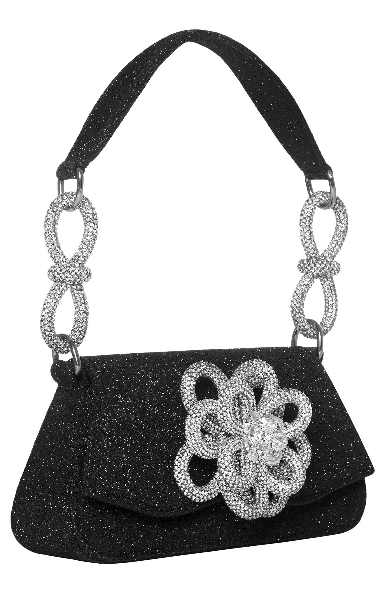 Mach & Mach Medium Carrie Crystal Flower Glitter Shoulder Bag, Alternate, color, 