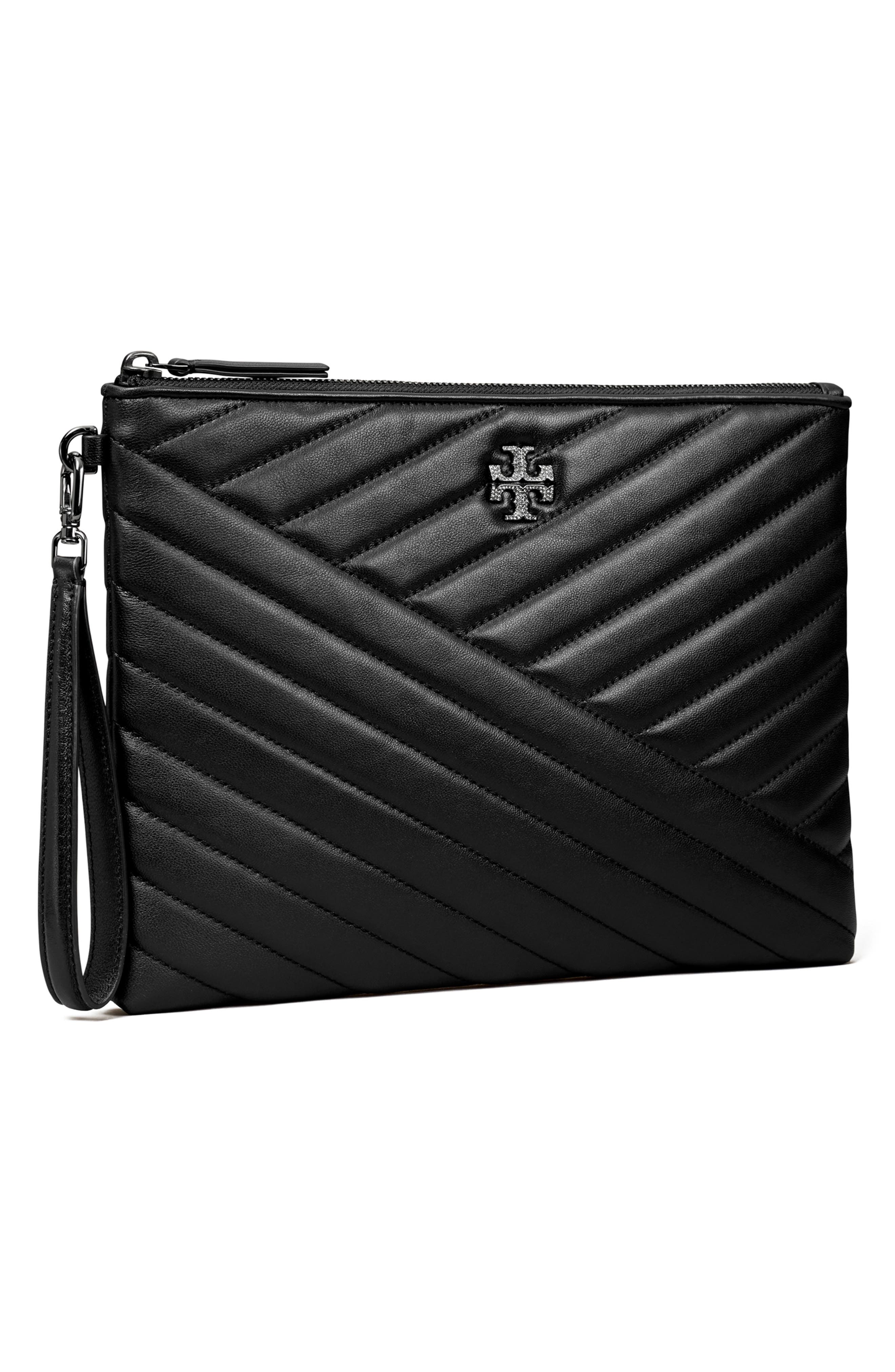 Kira Pavé Logo Chevron Leather Pouch, Alternate, color, BLACK